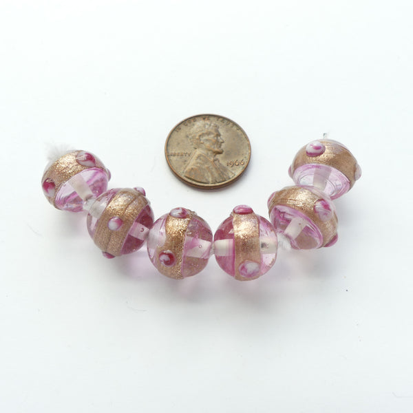 Lampwork Glass Round Pink with Pink Dot, 12mm Diameter, Sold as a Set of 7