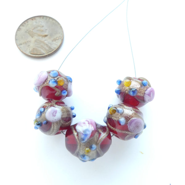 Czech Glass Round 10x12mm Red with Pink and Blue Dots, Sold as a Set of 5