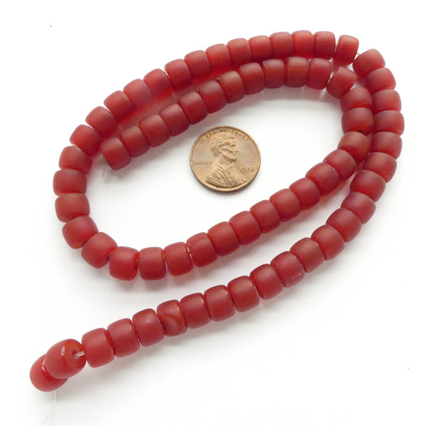 Matte Glass, Semi-Translucent Red, Small Short Barrels 6x8mm on 16-inch Strands