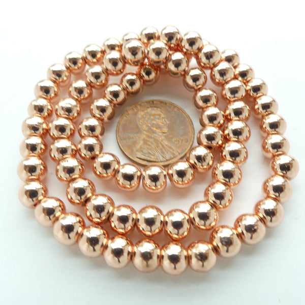 Glass, Copper Plated with Anti-Tarnish Coating, Round, 6mm on 16-inch Strands