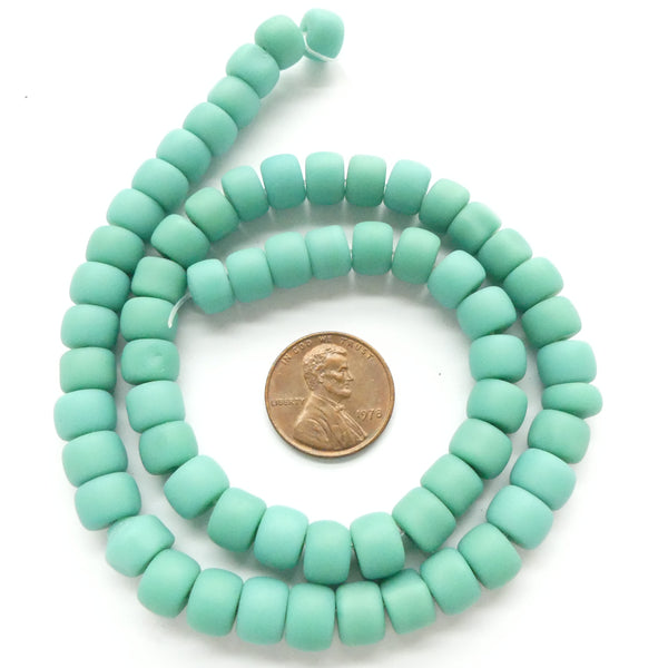 Matte Glass, Green/Turquoise Color, Small Short Barrels, 6x8mm on 16-inch Strands