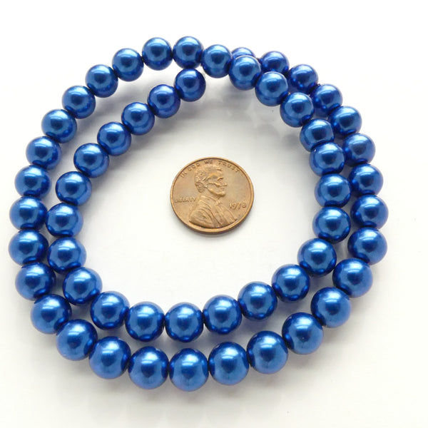 Glass Pearls, Round Dark Blue Luster, 8mm on 16-inch Strands
