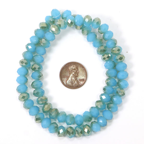 Faceted Glass, "Dragon Crystal", Light Semi-Opaque Blue w/ AB Coating 6x8mm on 16-inch strands