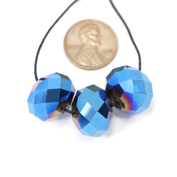Faceted Glass Beads, Large 14x18mm, Black with Blue Iris Finsh, Sold by the Set of 3