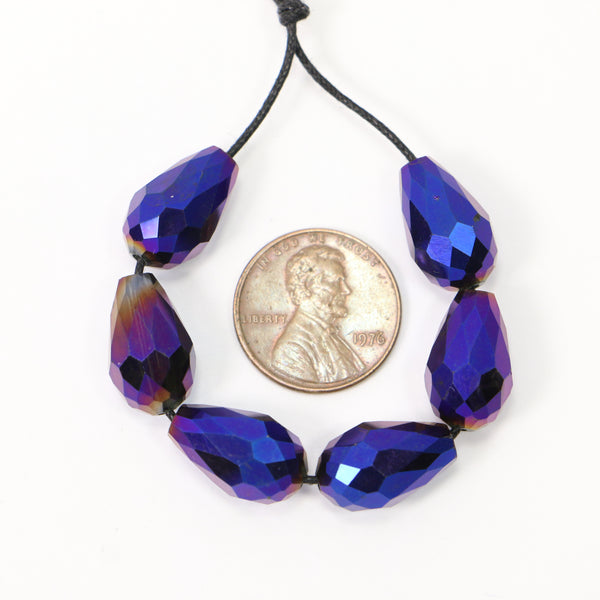 Facted Glass Teardrop Shape Beads, 16mm Long x 10mm Wide at Base, Blue Iris, Set of 6