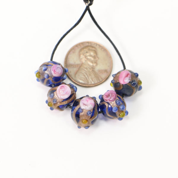 Cobalt Round Beads with Raised Decoration in Goldstone and Pink, 12mm, Set of 5