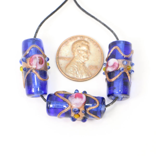 Blue Cylindes with Pink Roses and Goldstone Wavy Lines, 24x12mm, Sold in Sets of 3