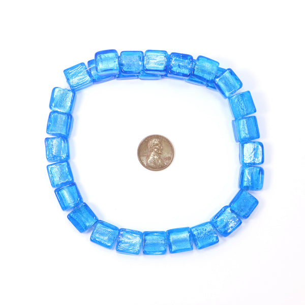 Foil Glass Beads, Aqua, Squares 12x12x6mm, Sold by the Strand of 30 Beads