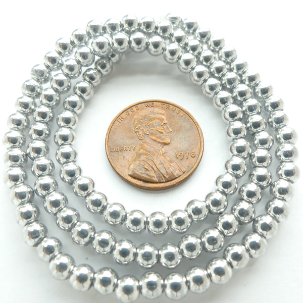 Glass, Silver Plated, Round 4mm on 16-inch Strands