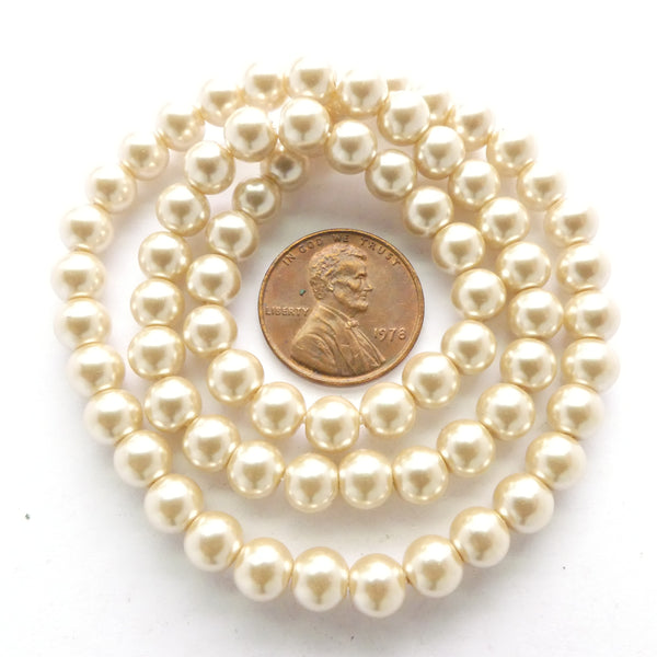 Glass Pearls, Round Cream Luster, 6mm on 16-inch Strands