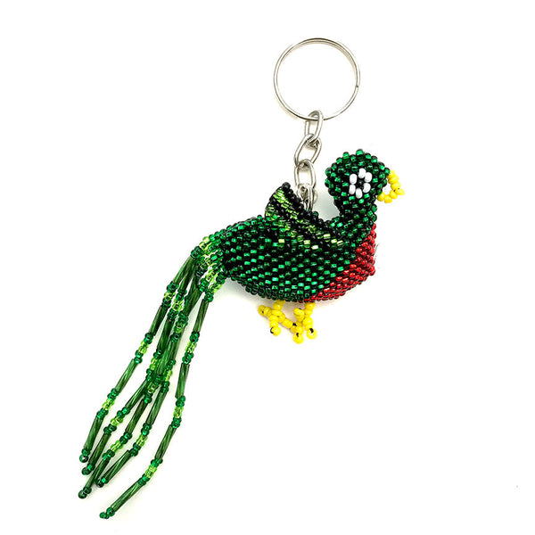 Keychain, Quetzal Bird, Beaded, 4 inches long head to tail, excluding chain & ring