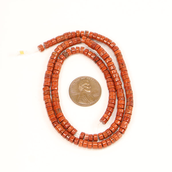 Red Jasper, Short Cylinders, 3x4mm on 16-inch Strand