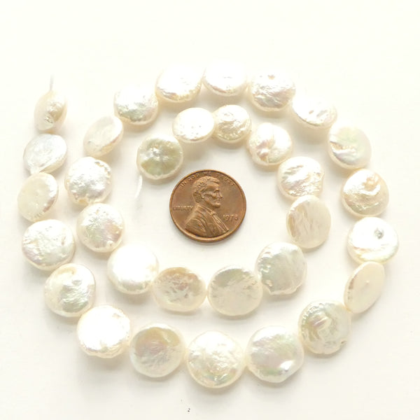 Pearls, White, Coin Shape 12mm Diameter on 16-inch Strands