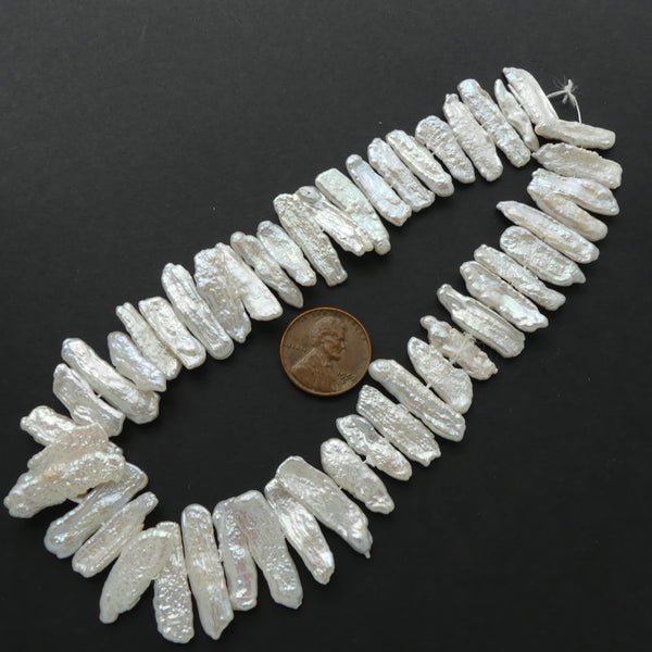 Pearls, White, Stick Pearls Center-Drilled 18-25mm Long on Short 15-inch Strand