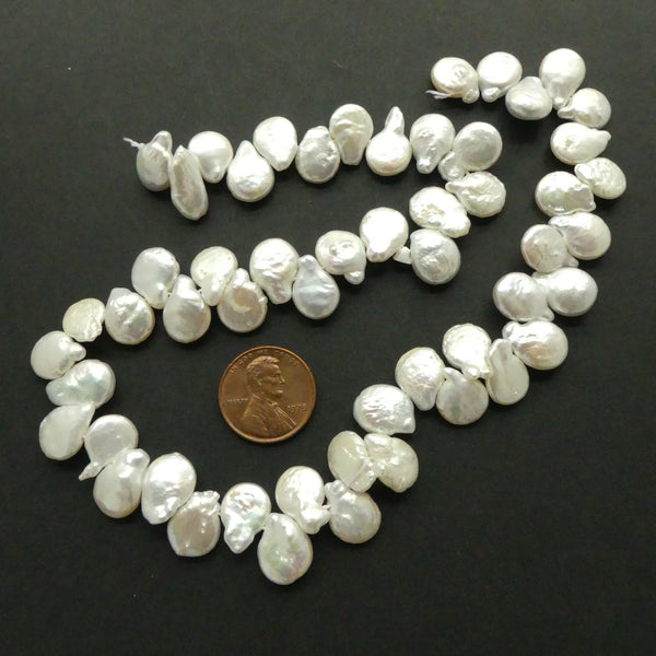 Pearls, White, Tabular Pear Shape about 10x12mm on 15-inch Strand