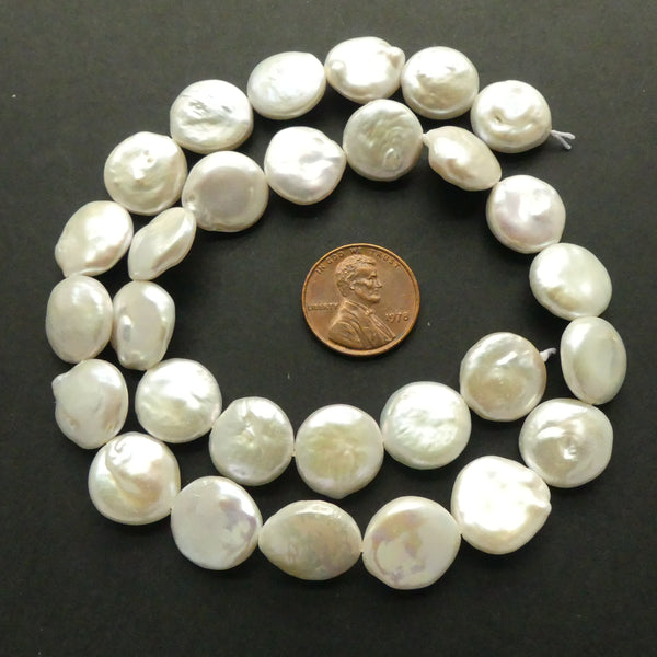 Pearls, White, Coin Shape 13mm Diameter on 16-inch Strands