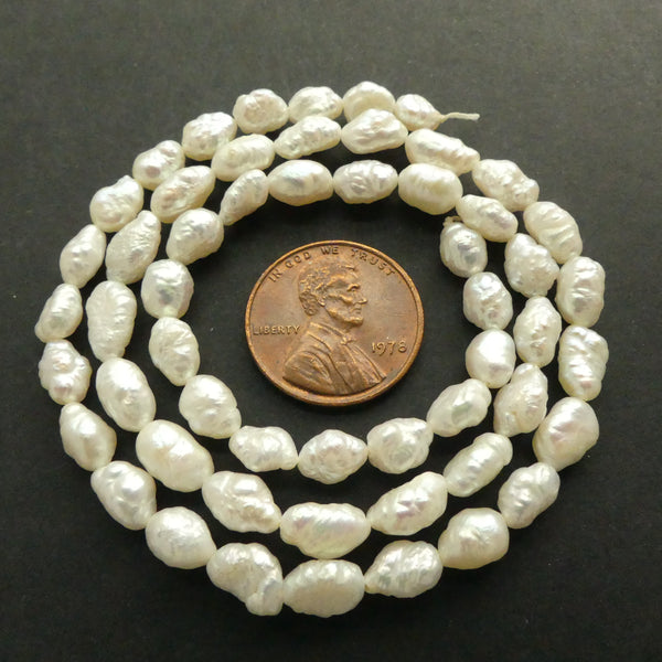 Pearls, White, Baroque Rice Shape, 7x5mm on 16-inch Strands