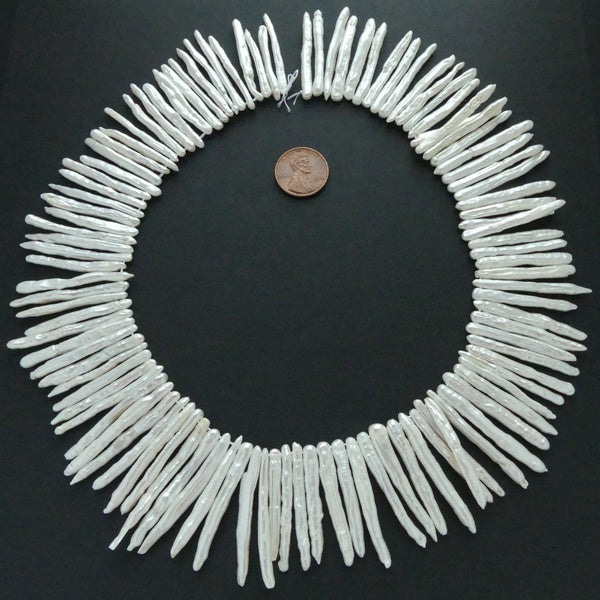Pearls, White, Long Smooth Sticks 34-40mm Long on 15-inch Strand