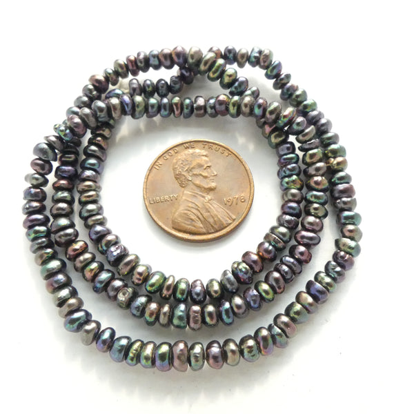 Pearls, Peacock, Baroque Buttons, 2x3mm on 16-inch Strands