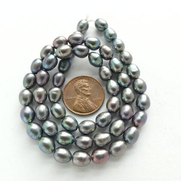 Pearls, Peacock, Large Rice 7x6mm on 16-inch Strands