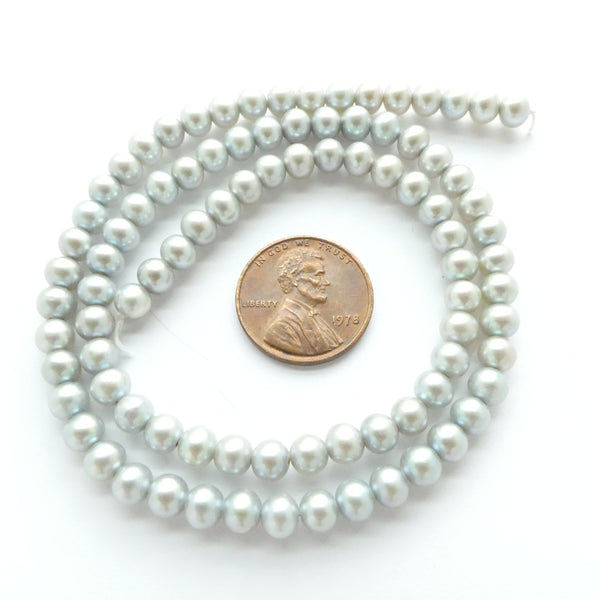Pearls, Silver, Button Almost Round, 5mm on 16-inch Strands