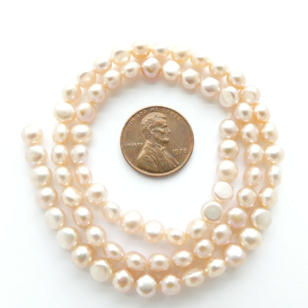 Pearls, Pink, Round Flattened Shape 6x6mm on 16-inch Strands