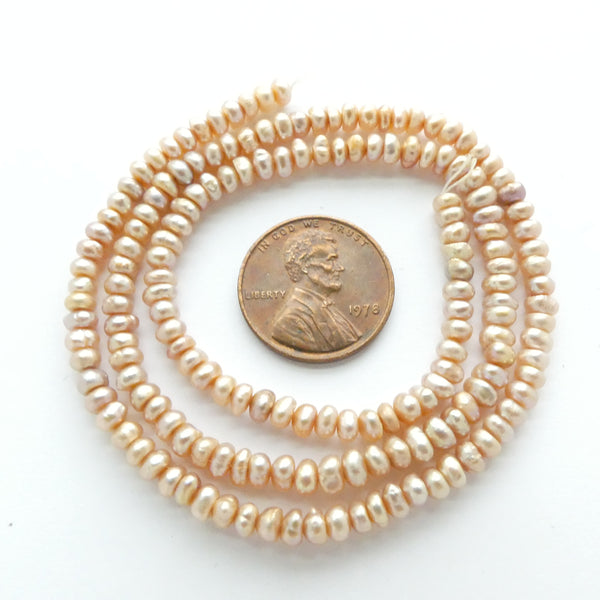 Pearls, Pink, Buttons Small 2x4mm on 16-inch Strands