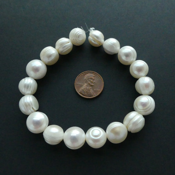 Pearls, White, Round Circled (aka Ringed) 12mm on 8.5-inch Strands