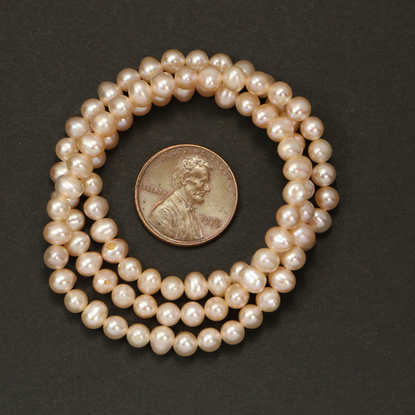 Pearls, Pink, Oblate (Slightly Flattened Round) Shape, 4x5mm on 16-inch Strand