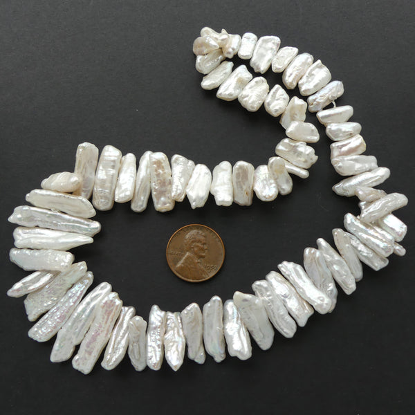 Pearls, White, Sticks, Graduated Center-Drilled 12-19mm Long, on 16-inch Strands