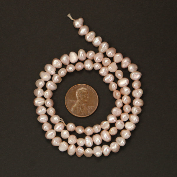 Pearls, Pink, Baroque, Light Pink 5x6mm on 16-inch Strand