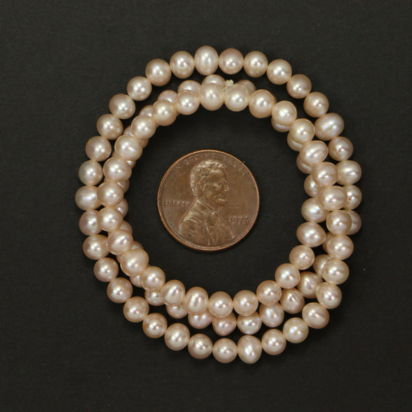 Pearls, Pink, Oblates (Slightly Squashed Rounds) 6x6.5mm on 16-inch Strands