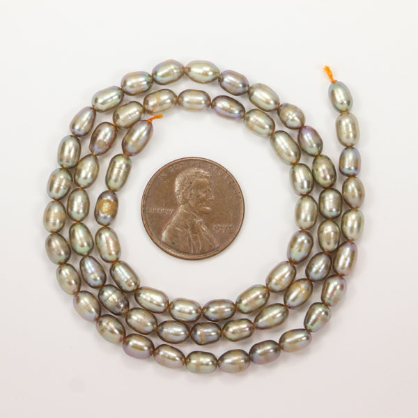 Pearls, Peacock, Rice Shape 6x4mm on 16-inch Strand