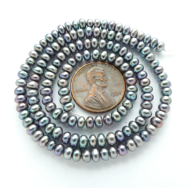 Pearls, Peacock, Button (Oblate) Shape, 3x4mm on 16-inch Strands