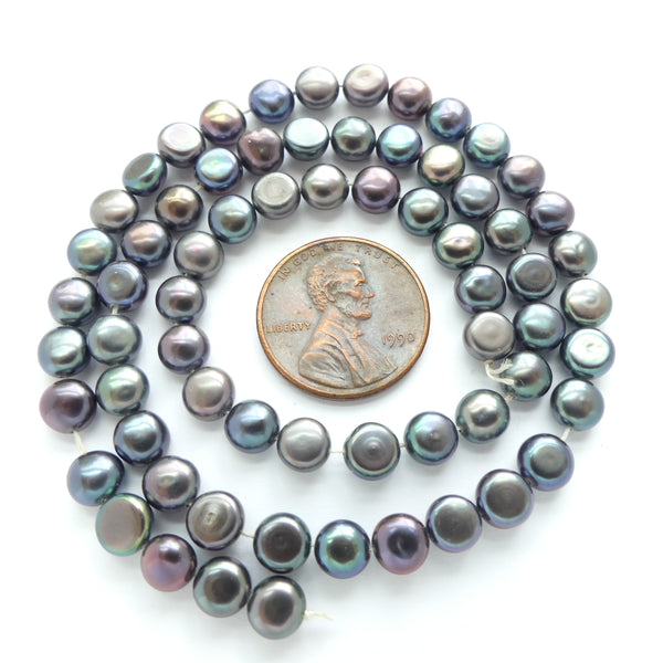 Pearls, Peacock, Button/Coin Shape 6mm Diameter on 16-inch strand