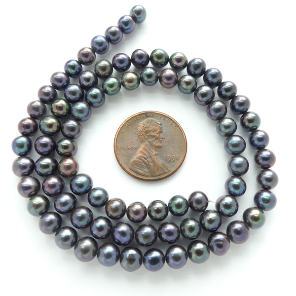 Pearls, Peacock, Round, Nearly Black with Warm & Cool Highlight, 5mm Diameter on 16-inch Strands