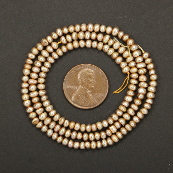 Pearls, Champagne, Button Shape 3x3mm on 16-inch Strands