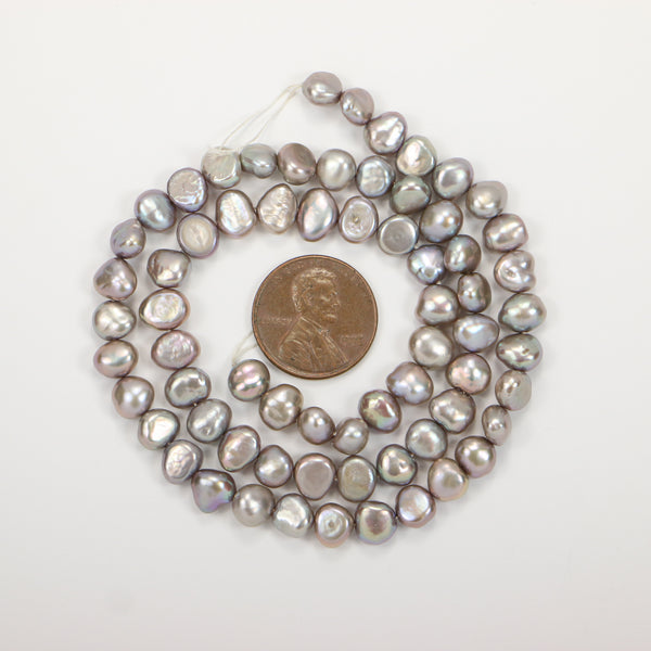 Pearls, Silver, Baroque Shape 6x8mm with One Flat Side on 16-inch Strands