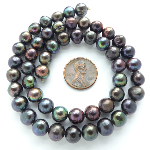 Pearls, Peacock, Round Large Dark with Multi-Color Highlights 8mm Diameter on 16-inch Strand