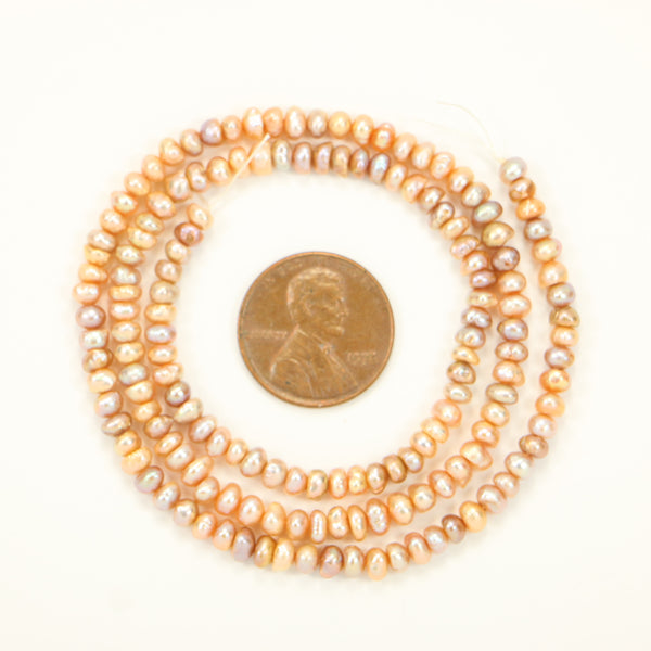 Pearls, Pink, Button Shape, 2x4mm on 16-inch Strand