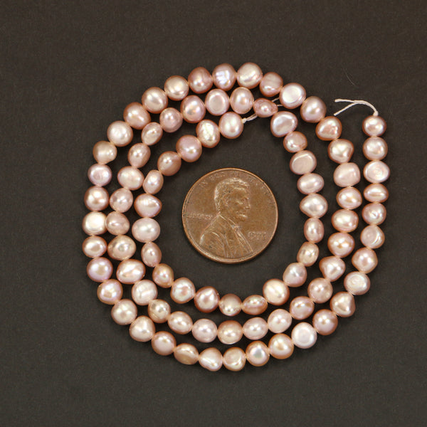 Pearls, Pink, Button Shape, 4x5mm on 16-inch Strand