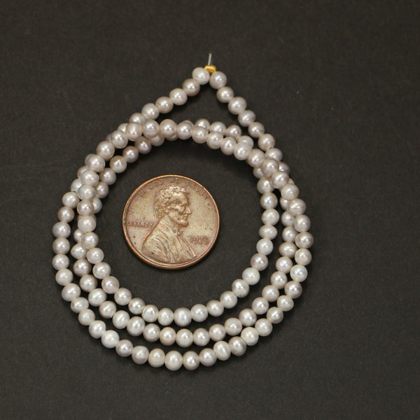 Pearls, Silver, Round Shape, 3mm on 15-inch Strand