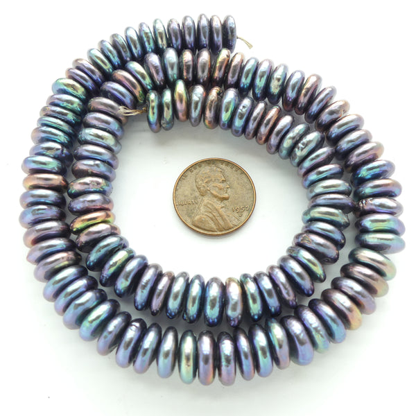 Pearls, Peacock, Spectacular Disk Shape Purple Iris 4x10mm on 16-inch Strands