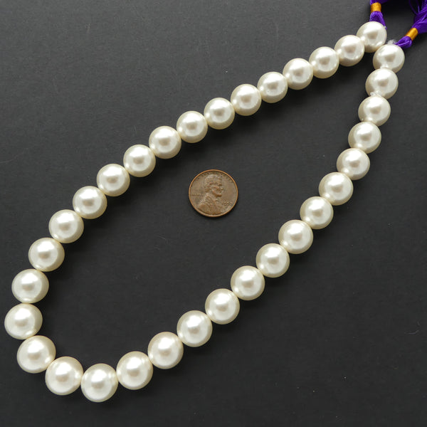 Shell Pearls, White Round, 12mm Diameter on 16-inch Strands