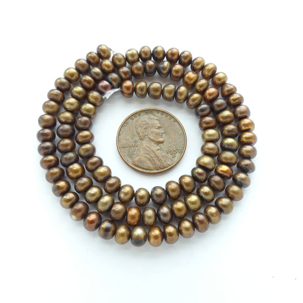 Pearls, Bronze, Button Shape, 4x4mm on 16-inch Strand