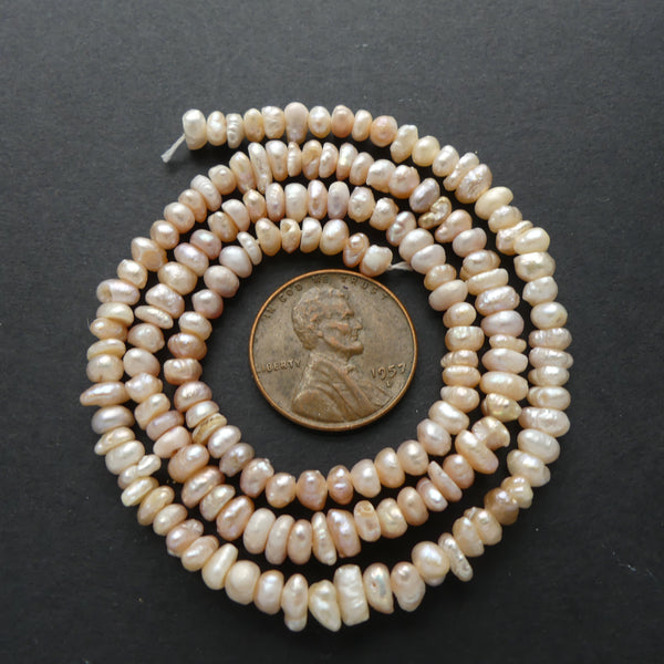 Pearls, Pink, Irregular Button Shape, 2x5mm on 16-inch Strand