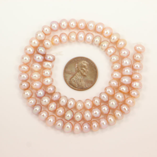 Pearls, Pink, Button/Oblate Shape, Light Color & Good Luster, 5x6mm on 16-inch Strands