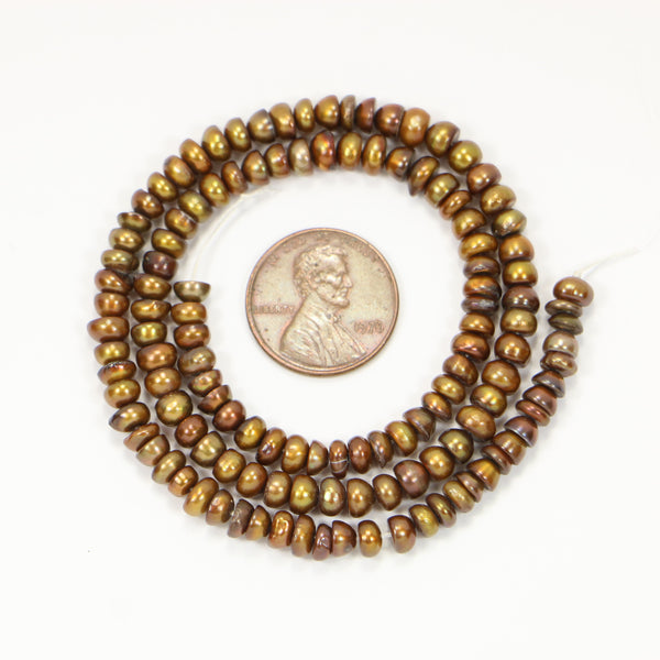 Pearls, Bronze, Button Shape, 3x4mm on 14-inch Strands