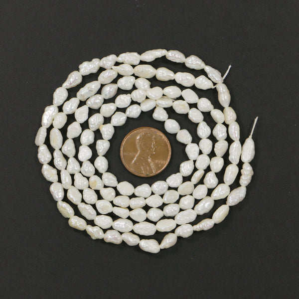 Pearls, White, Irregular Button Shape, 4x5mm & 9x5mm on 16-inch Strands, Sold as a Set of 1