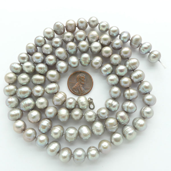 Pearls, Silver, Potato Shape, 8x10mm on 32 1/2-inch Strand